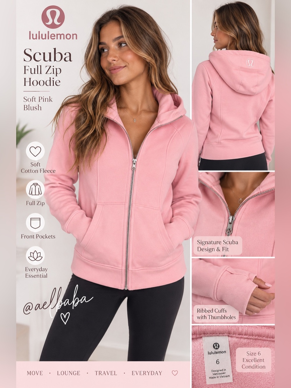 lululemon Scuba Full Zip Hoodie Soft Pink Blush Size 6